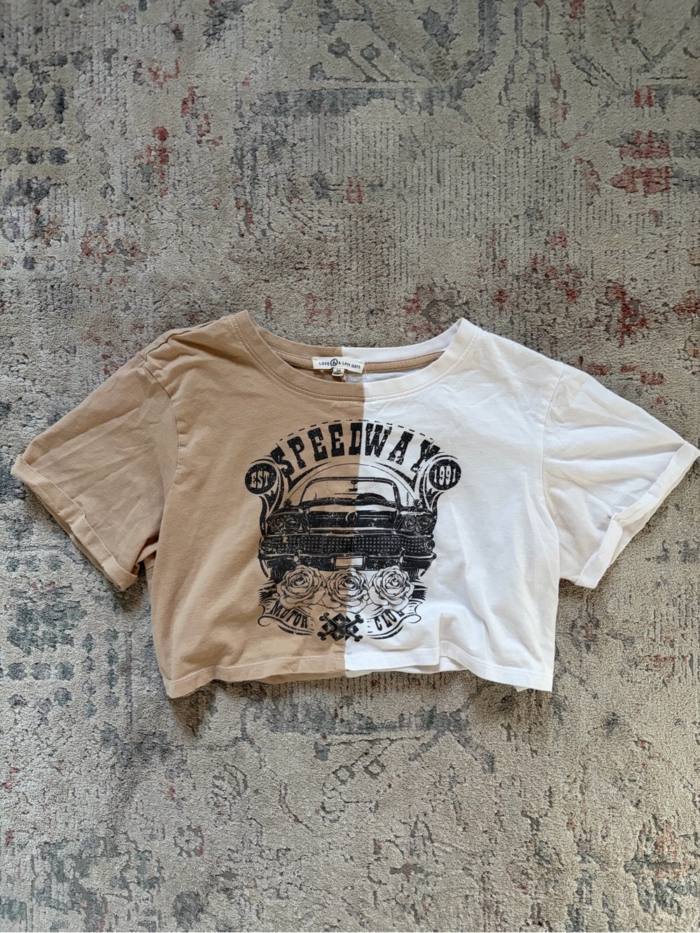 Two-Tone Beige & White Graphic Crop Tee